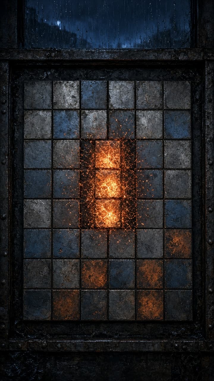 Night-shift steel tiles with a lantern-glass match sparking out